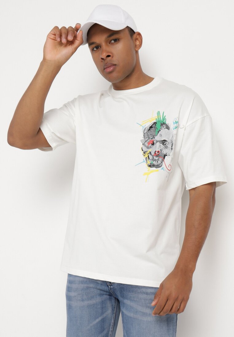 Biała Koszulka z Krótkim Rękawem T-Shirt z Nadrukiem z Przodu i na Plecach Franestia