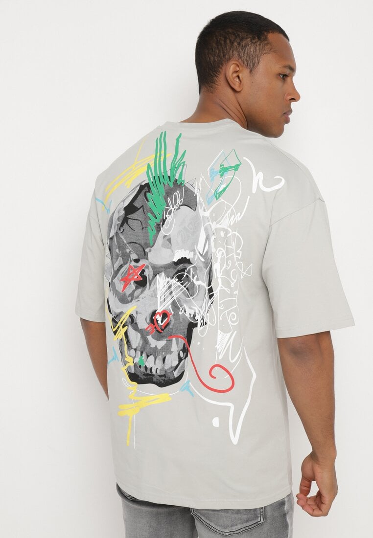 Szara Koszulka z Krótkim Rękawem T-Shirt z Nadrukiem z Przodu i na Plecach Franestia