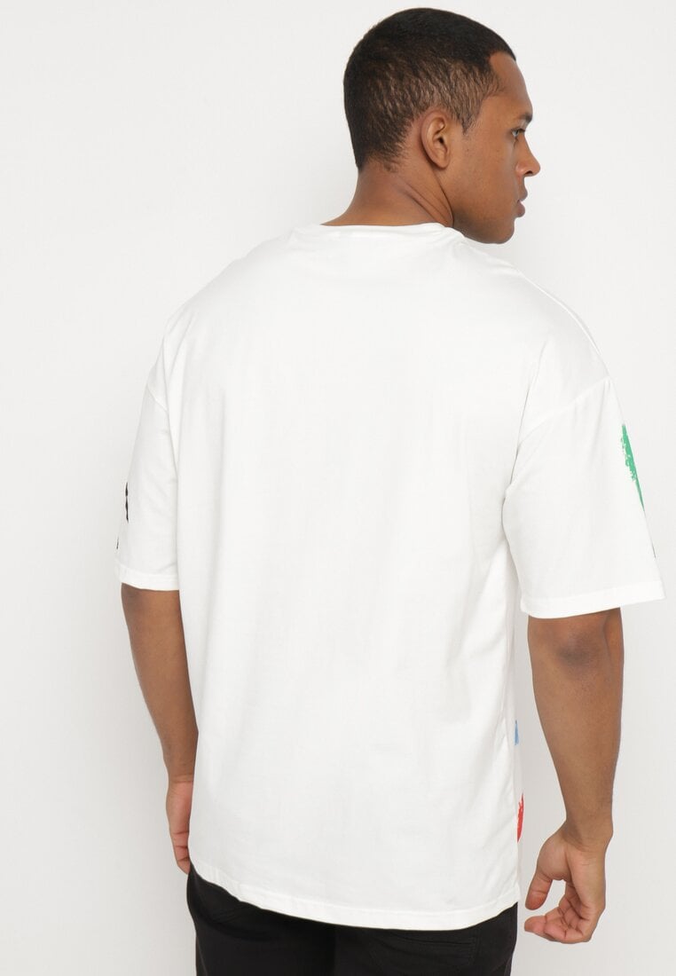 Biały Bawełniany T-shirt z Ozdobnym Nadrukiem Flacia