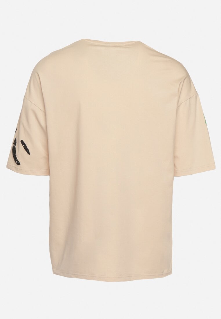 Beżowy Bawełniany T-shirt z Ozdobnym Nadrukiem Flacia