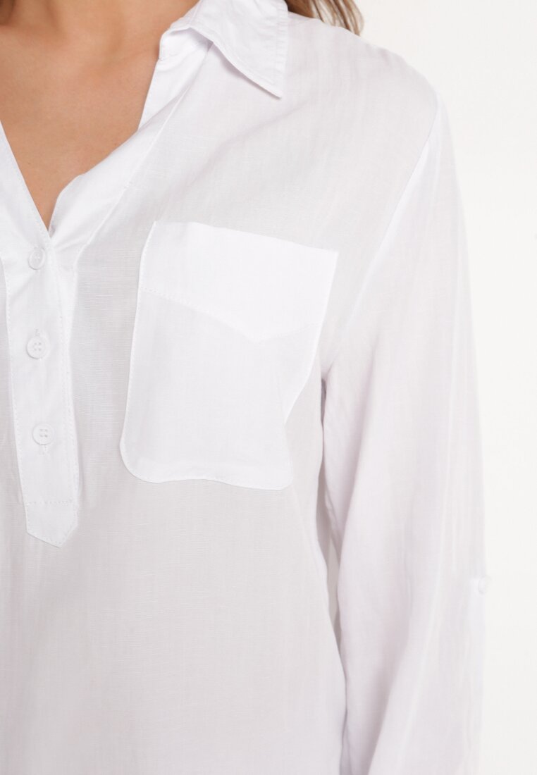 Biała Klasyczna Bluzka Koszula z Lnem Kołnierzykiem i Guzikami Ozdobiona Kieszeniami Evnelia