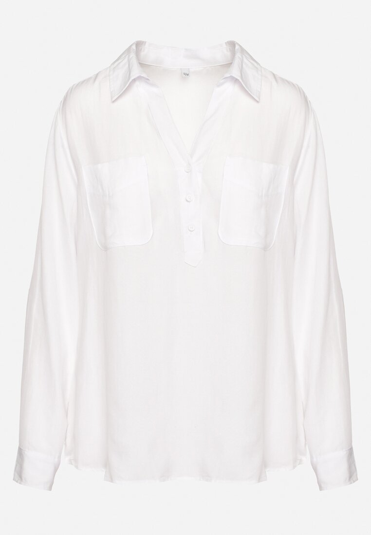 Biała Klasyczna Bluzka Koszula z Lnem Kołnierzykiem i Guzikami Ozdobiona Kieszeniami Evnelia