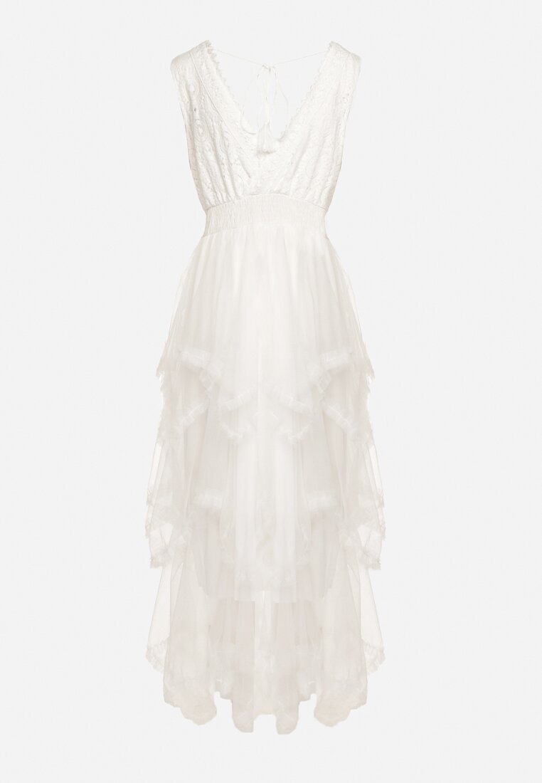 Biała Sukienka z Kopertowym Dekoltem Wiązaniem na Plecach i Asymetrycznym Dołem z Siateczki Helolla