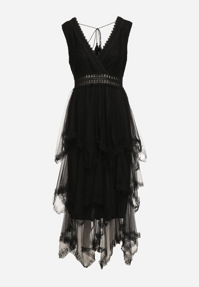 Czarna Sukienka z Kopertowym Dekoltem Wiązaniem na Plecach i Asymetrycznym Dołem z Siateczki Helolla