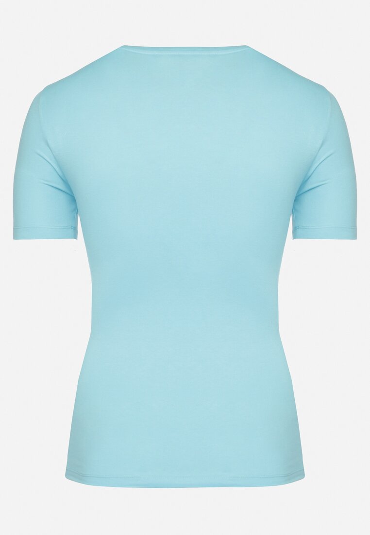 Jasnoniebieski Bawełniany T-shirt Koszulka z Krótkim Rękawem Ozdobiona Nadrukiem i Cyrkoniami Codara