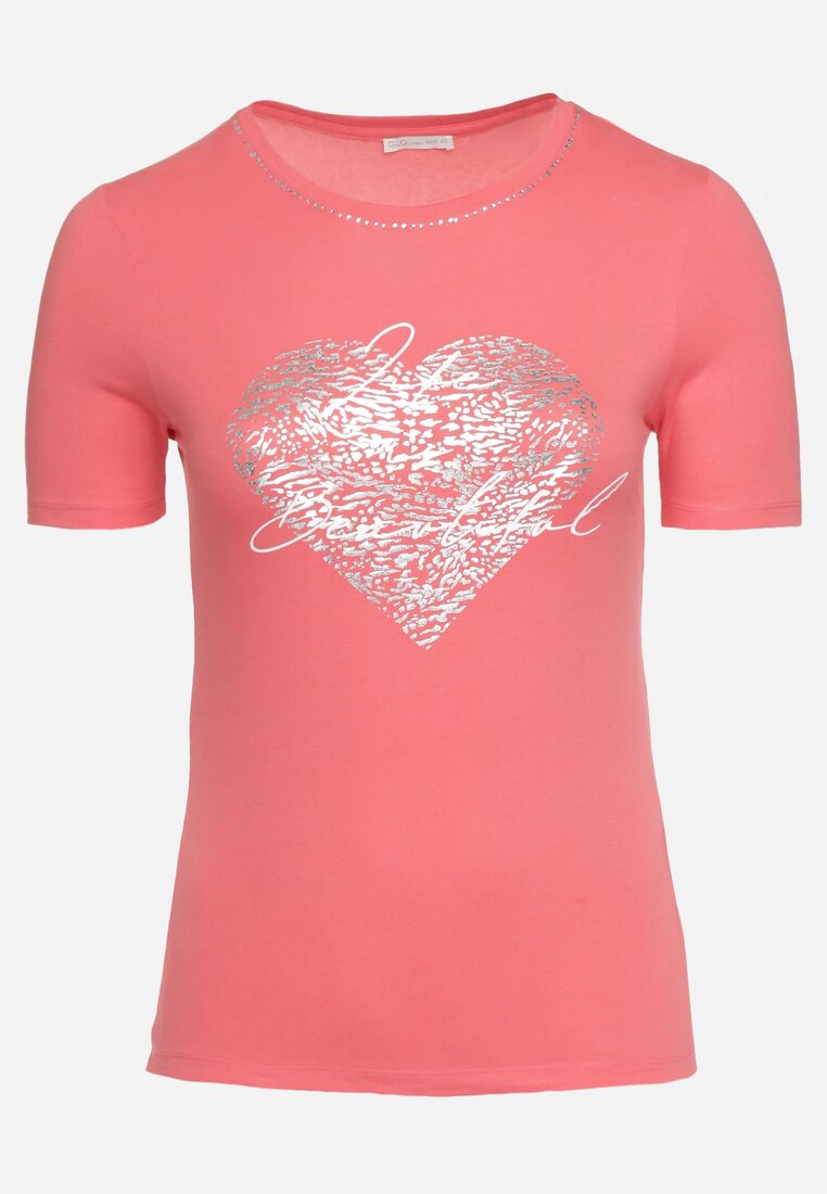 Różowy T-shirt Bawełniany z Krótkim Rękawem i Metalicznym Nadrukiem oraz Cyrkoniami Sanesti