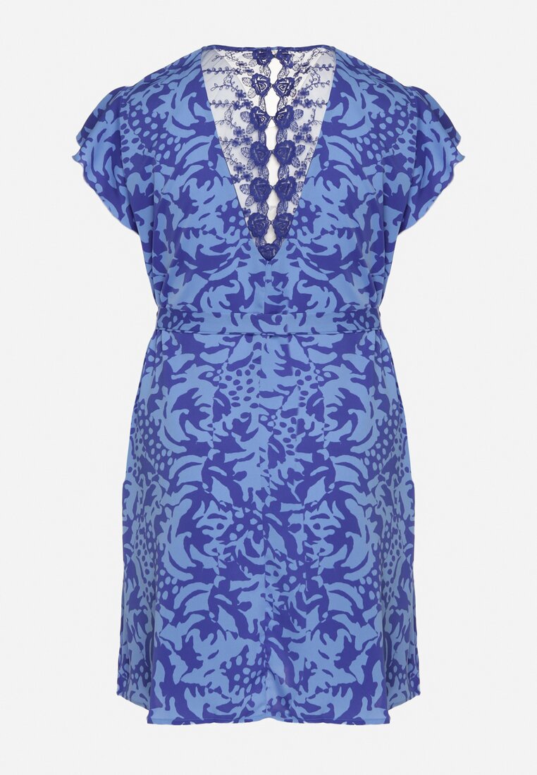 Niebiesko-Granatowa Sukienka o Pudełkowym Fasonie z Koronkową Wstawką i Materiałowym Paskiem Mleania
