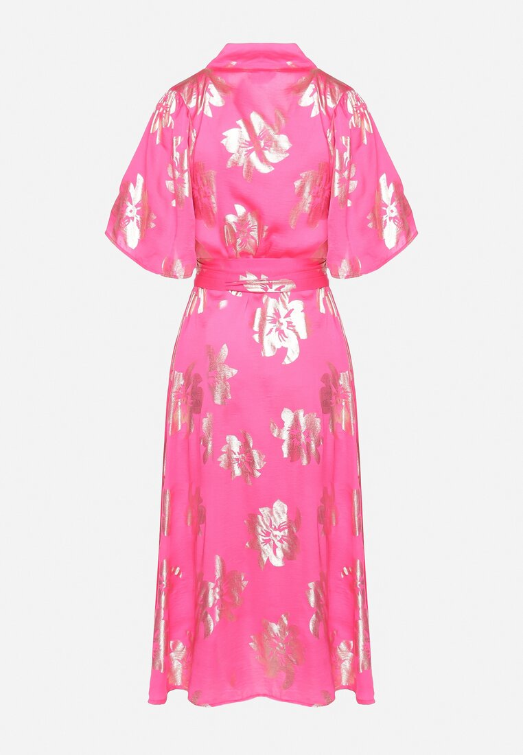Różowa Sukienka Kopertowa z Metalicznym Wzorem w Kwiaty Wiązana w Talii Firiona