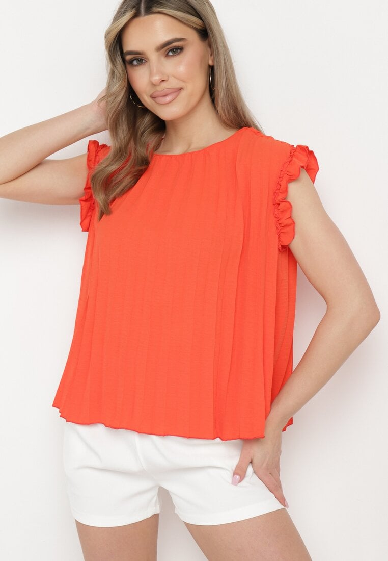 Pomarańczowa Koszulka Top Plisowany z Krótkim Rękawem Cevaga