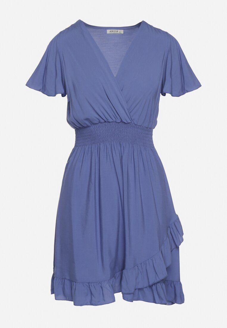 Niebieska Bawełniana Sukienka z Gumkami w Talii z Kopertowym Dekoltem i Falbankami Lolana