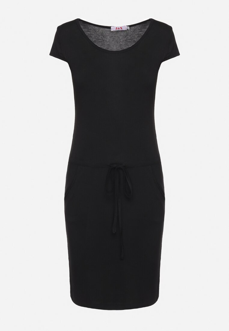 Czarna Sukienka z Krótkim Rękawem ze Ściągaczem w Talii Dolati