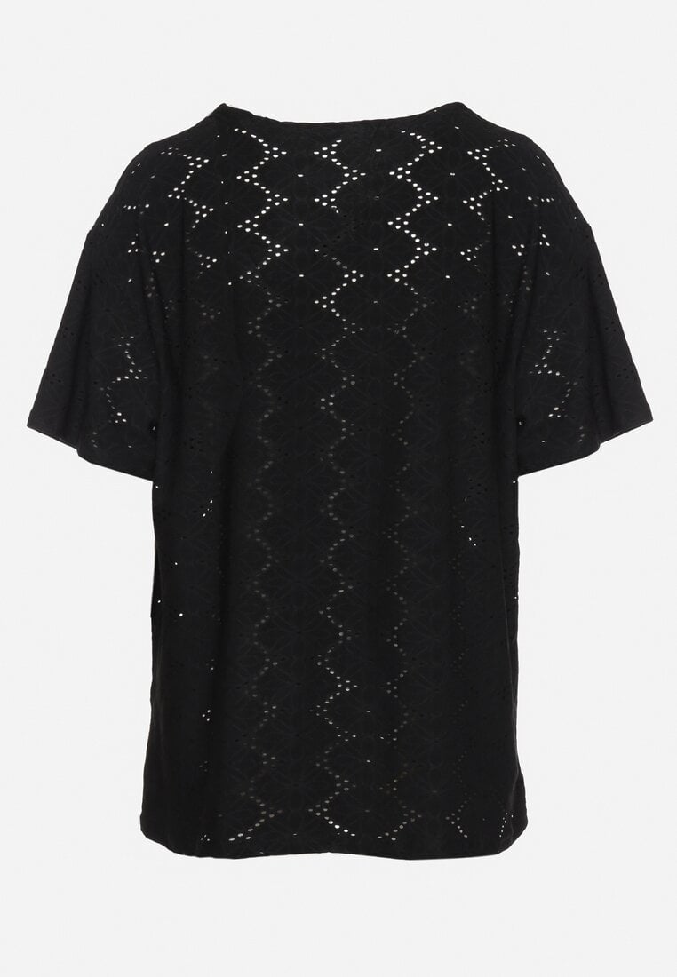 Czarny Klasyczny Ażurowy T-shirt z Krótkim Rękawem Ninnia