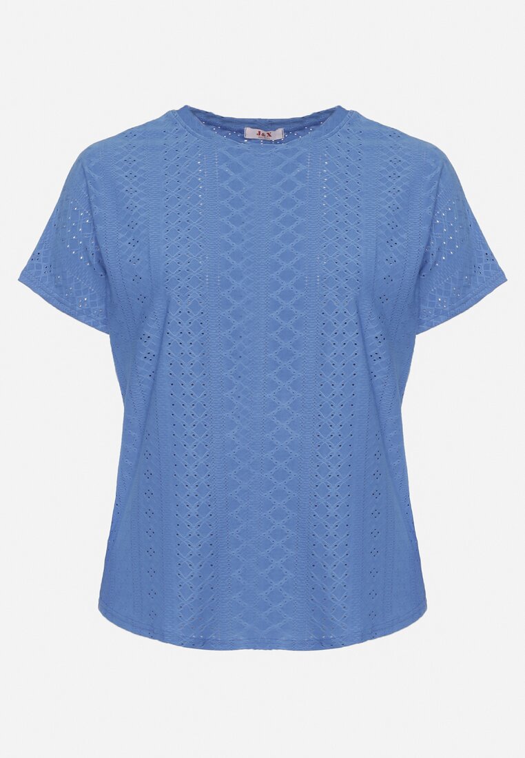 Granatowy T-shirt Koszulka z Krótkim Rękawem o Ażurowym Wykończeniu Meaara