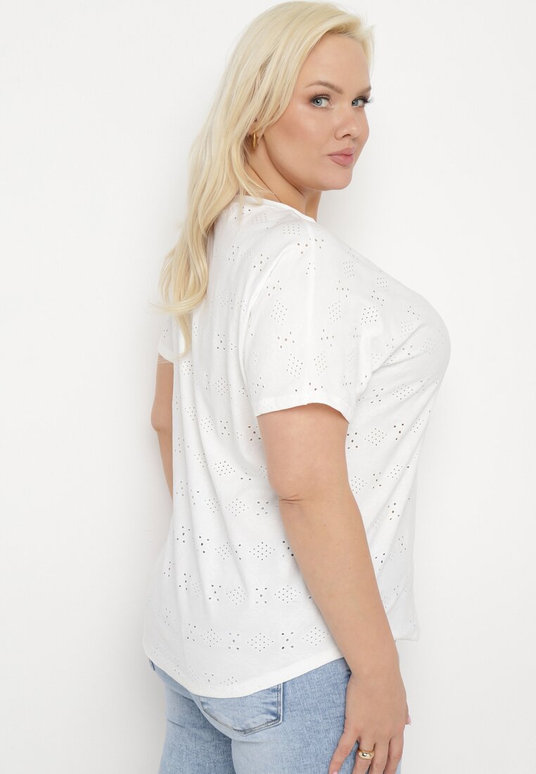 Biały T-shirt z Ażurowym Wzorem Mleassa