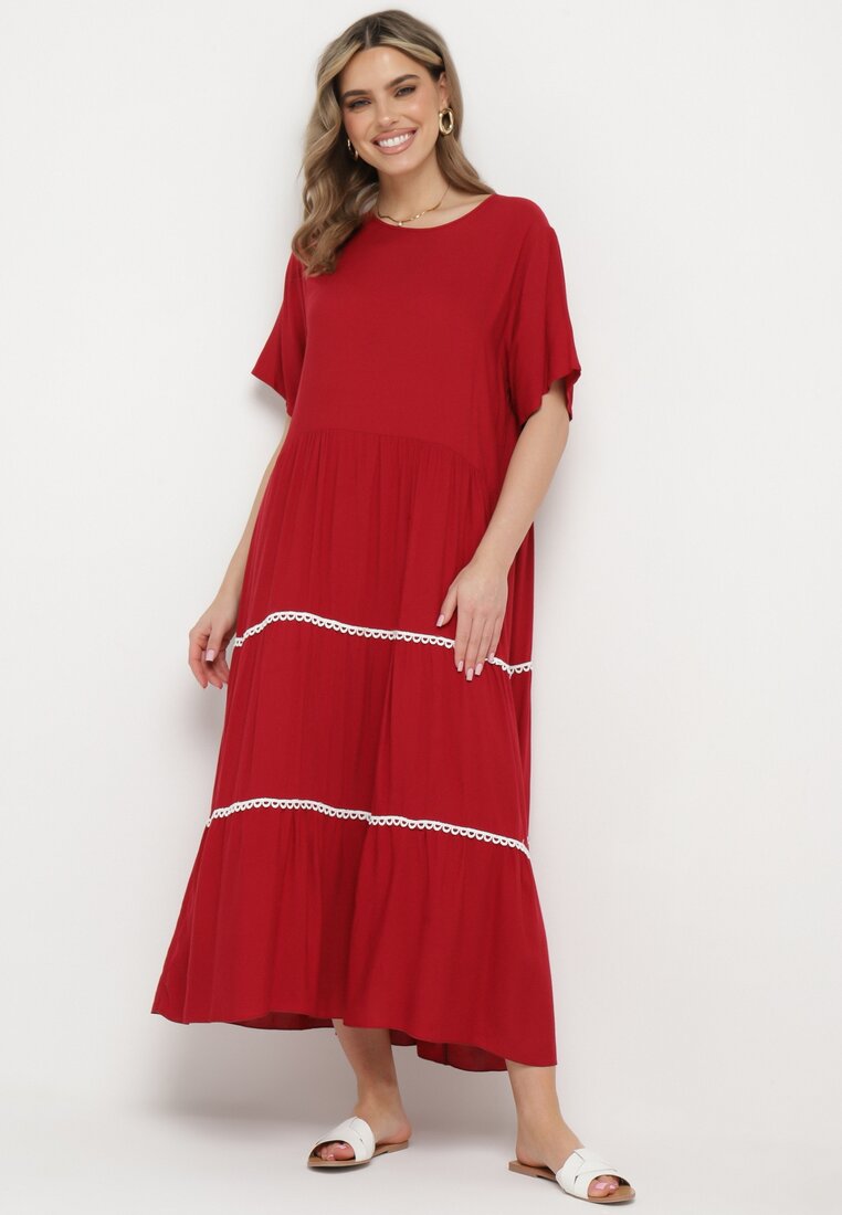 Czerwona Bawełniana Sukienka z Krótkim Rękawem Camola