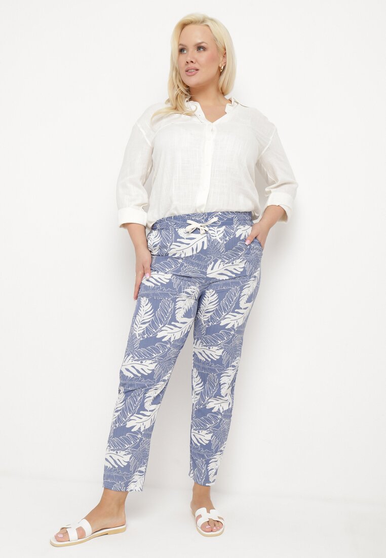 Niebieskio-Białe Spodnie z Wysokim Stanem z Kieszeniami we Florystyczny Print Givona
