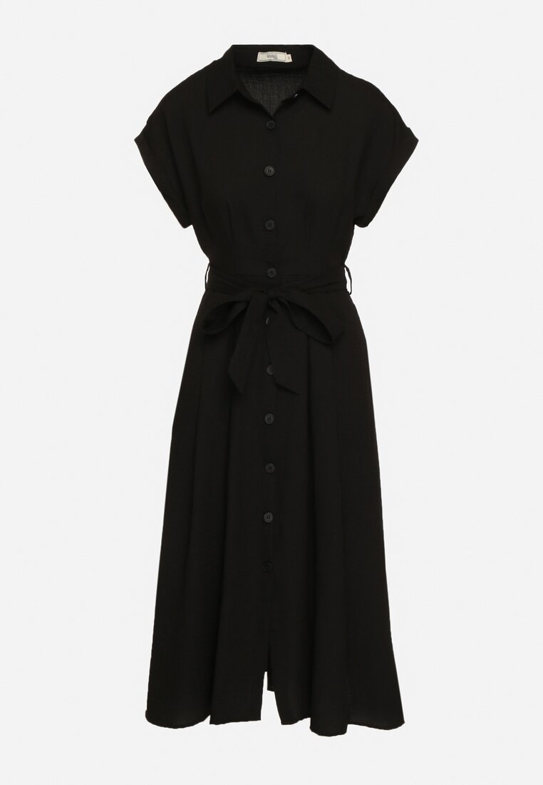 Czarna Koszulowa Sukienka Zapinana na Guziki z Materiałowym Paskiem Moaxel