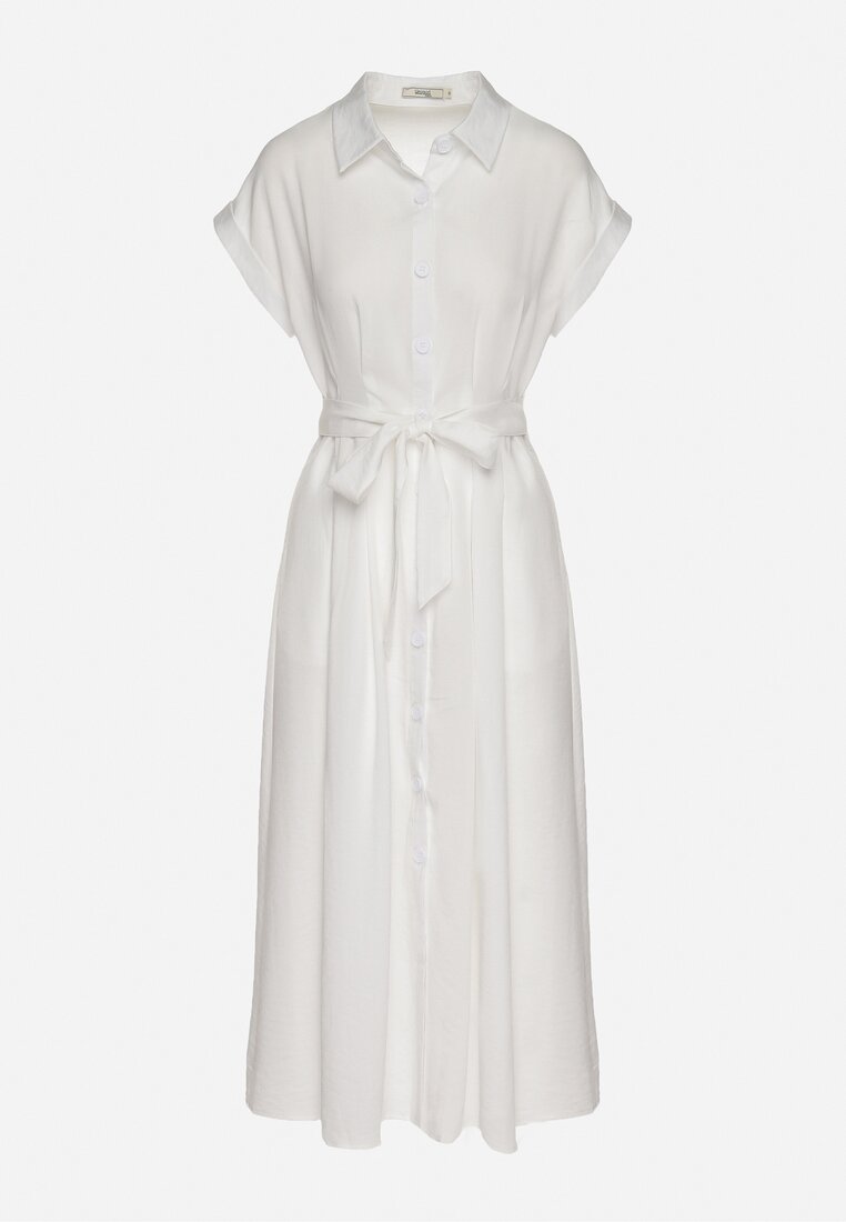 Biała Koszulowa Sukienka Zapinana na Guziki z Materiałowym Paskiem Moaxel