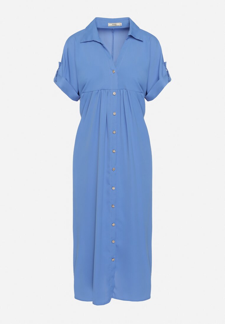 Niebieska Sukienka Koszulowa Zapinana na Guziki z Podwijanymi Rękawami Moarisa