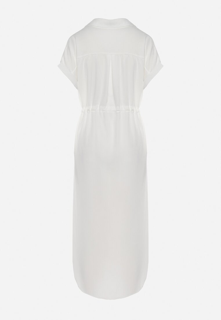 Biała Koszulowa Sukienka z Krótkim Rękawem Zapinana na Guziki z Materiałowym Paskiem Piantia