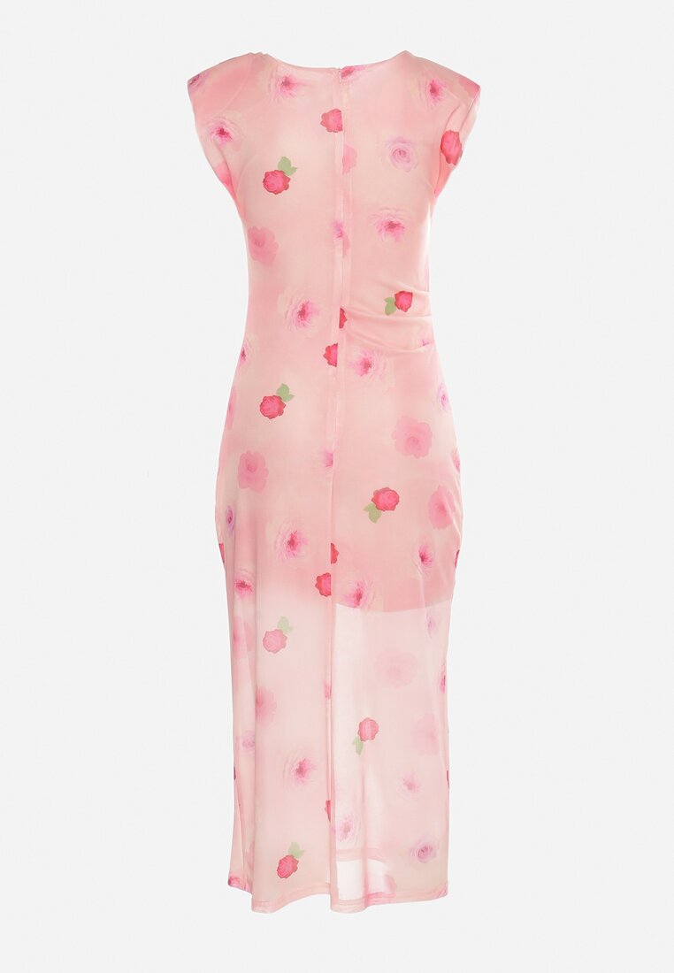 Różowa Sukienka Siateczkowa o Dopasowanym Fasonie w Kwiaty Vomeria