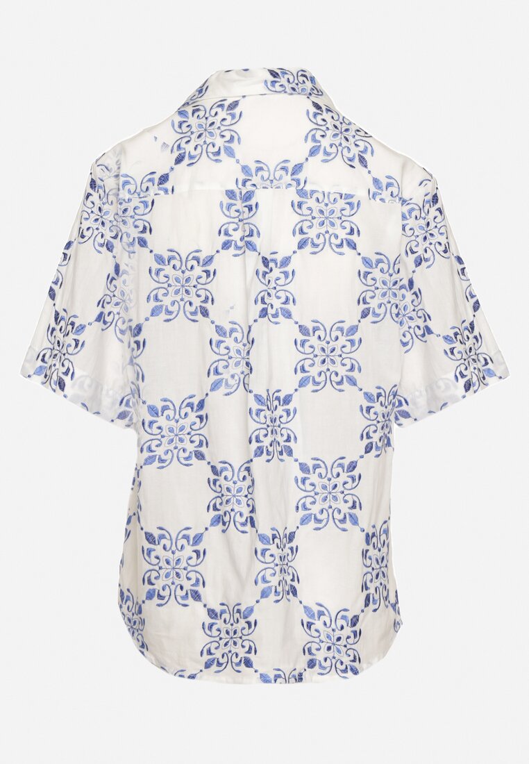 Biało-Niebieska Haftowana Koszula z Bawełny w Ornamentalny Wzór Cevila