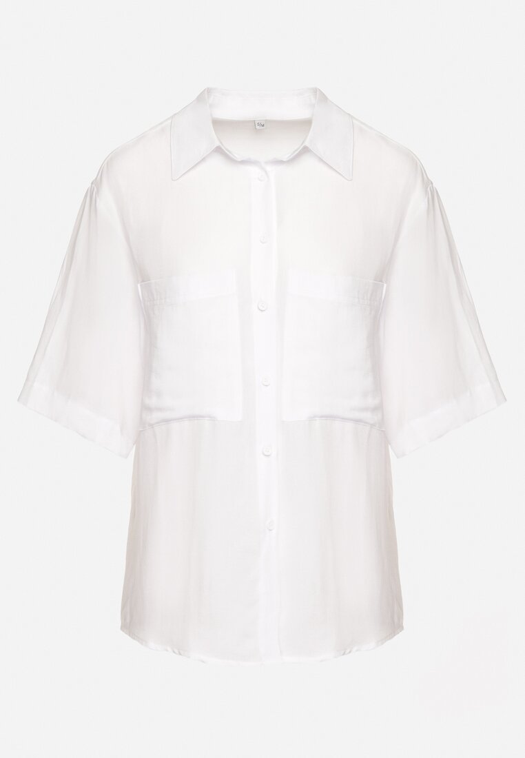 Biała Koszula z Lnem i Wiskozą Zapinana na Guziki z Krótkim Rękawem Mennisa