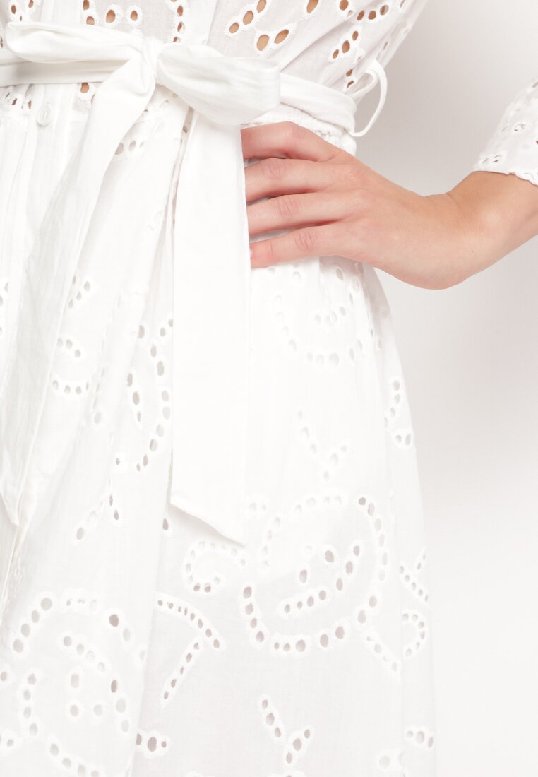 Biała Koronkowa Sukienka z Bawełny o Koszulowym Kroju Zapinana na Guziki z Paskiem Aerola