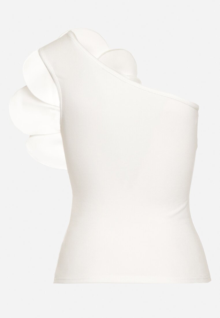 Biała Bluzka Asymetryczna z Bawełny z Dużą Aplikacją w Postaci Kwiatka Neteria