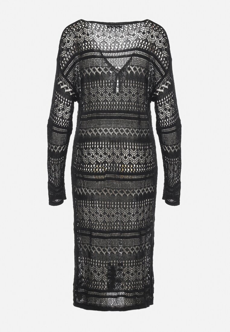 Czarny Kardigan Narzutka o Ażurowym Wykończeniu w Stylu Boho Sanalia