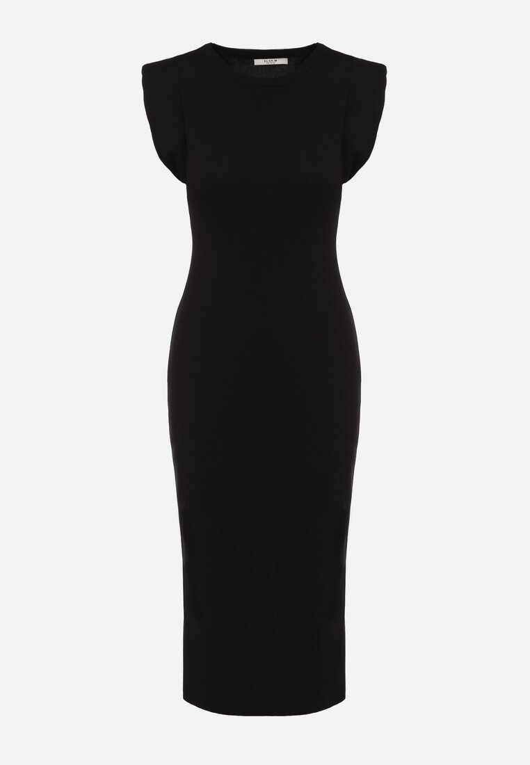 Czarna Sukienka Bodycon z Prążkowanej Dzianiny z Rozcięciem Roleria