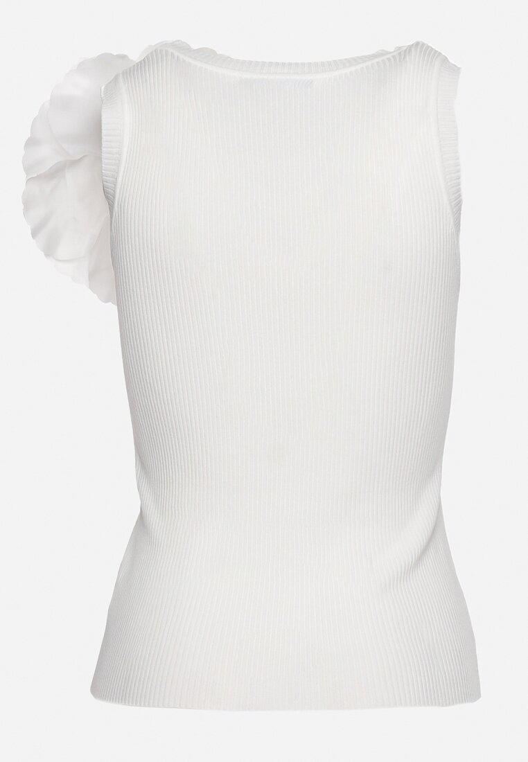Biały Top Koszulka bez Rękawów z Aplikacją Kwiatu Umalia
