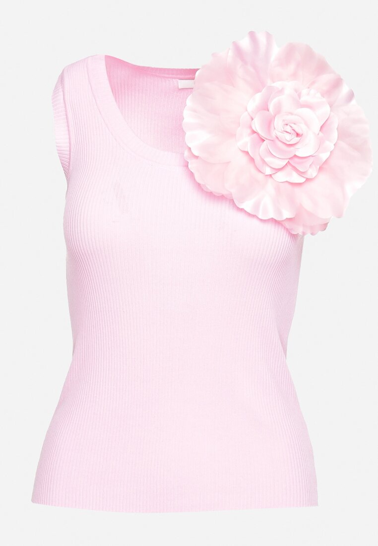 Różowy Top Koszulka bez Rękawów z Aplikacją Kwiatu Umalia