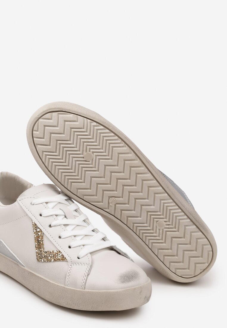 Biało-Złote Sneakersy przed Kostkę z Brokatową Wstawką Soneri