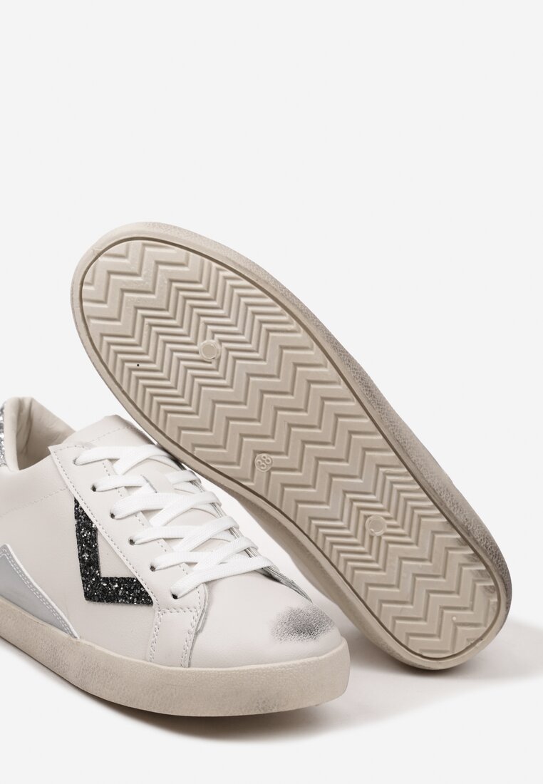 Biało-Srebrne Sneakersy przed Kostkę z Brokatową Wstawką Soneri
