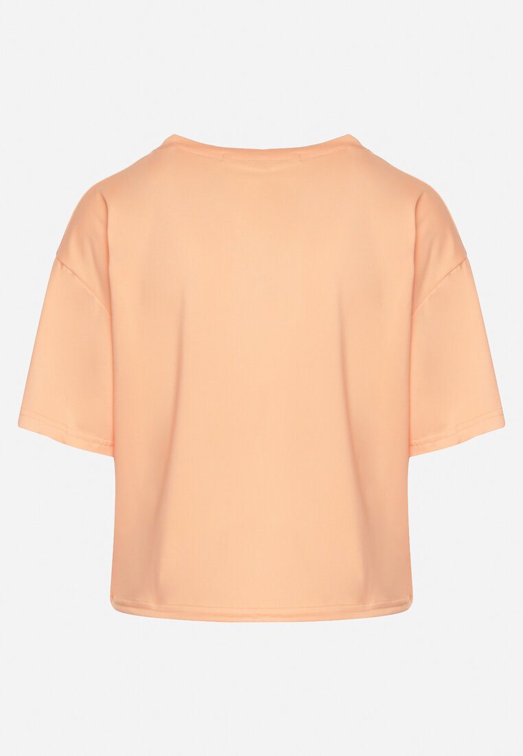Pomarańczowy T-shirt Ściągany na Dole Troczkiem z Cyrkoniami i Nadrukiem Moasstra
