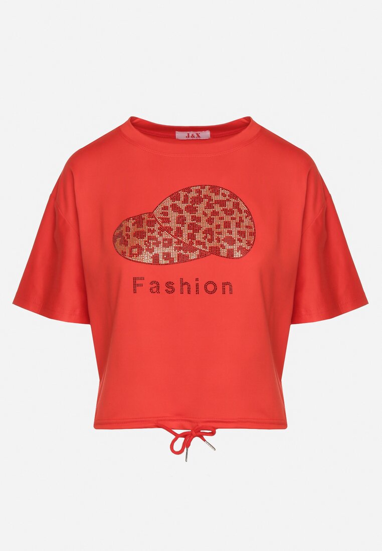 Czerwony T-shirt Ściągany na Dole Troczkiem z Cyrkoniami i Nadrukiem Moasstra
