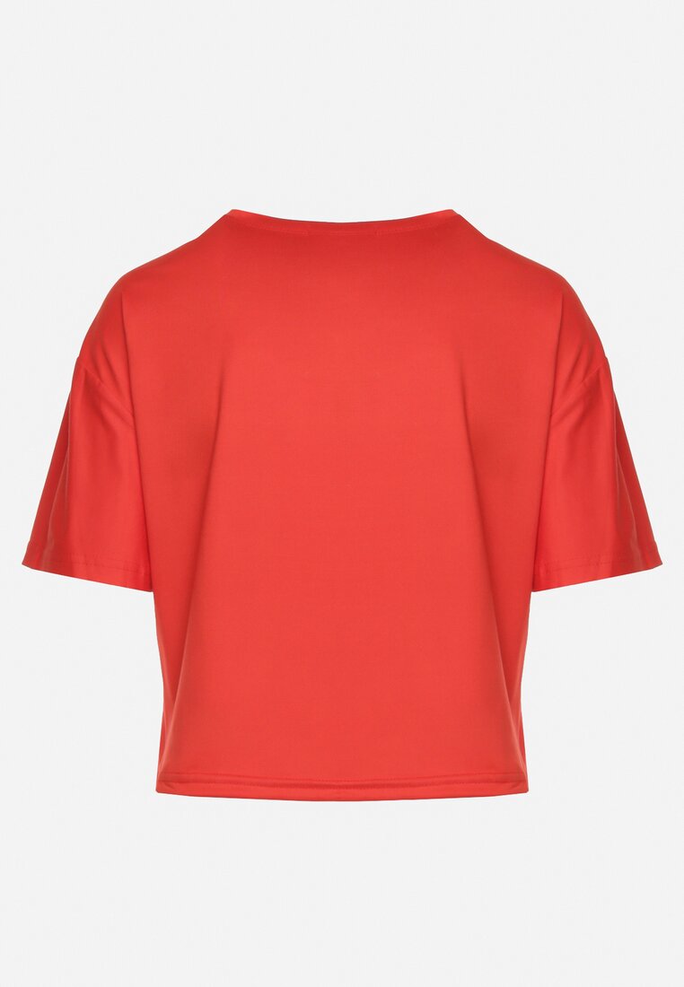 Czerwony T-shirt Ściągany na Dole Troczkiem z Cyrkoniami i Nadrukiem Moasstra