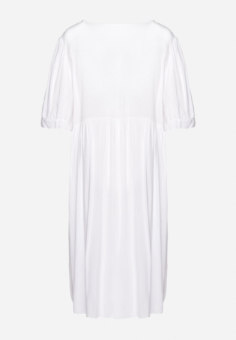 Biała Sukienka Wiskozowa z Dekoltem Wiązanym z Frędzlami Brispia