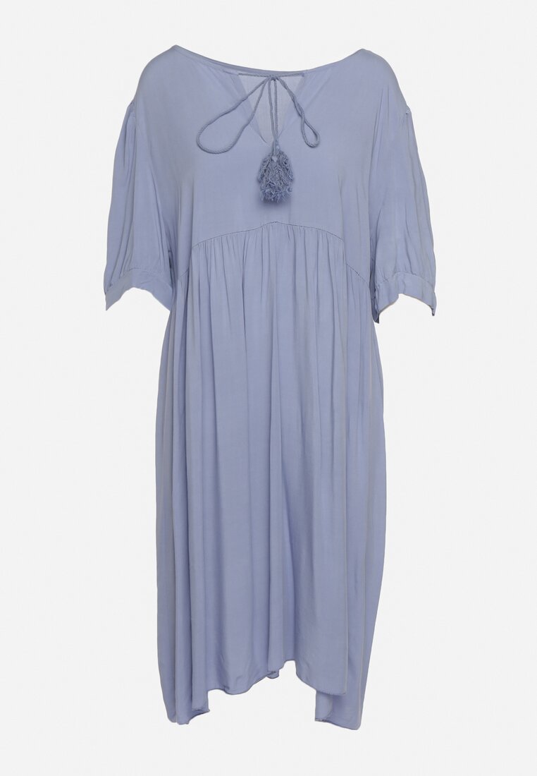 Niebieska Sukienka Wiskozowa z Dekoltem Wiązanym z Frędzlami Brispia