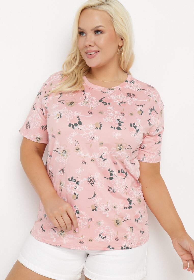 Różowy T-shirt Koszulka z Krótkim Rękawem w Kwiaty Nleessa