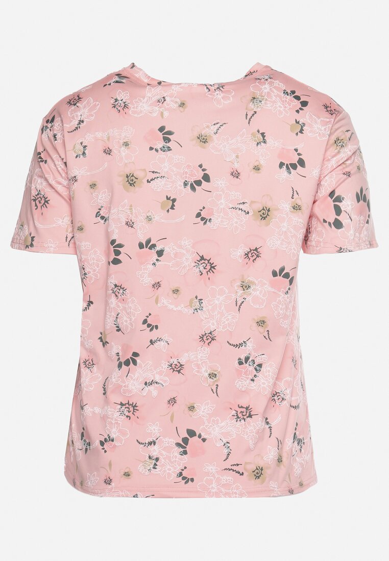 Różowy T-shirt Koszulka z Krótkim Rękawem w Kwiaty Nleessa
