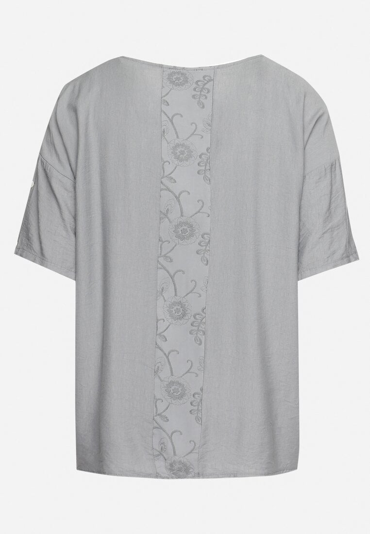 Szary Wiskozowy T-shirt Koszulka z Krótkim Rękawem Podwijanym i Haftem na Plecach Mleoria