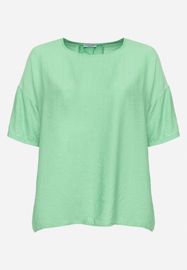 Zielony Wiskozowy T-shirt Koszulka z Krótkim Rękawem Podwijanym i Haftem na Plecach Mleoria