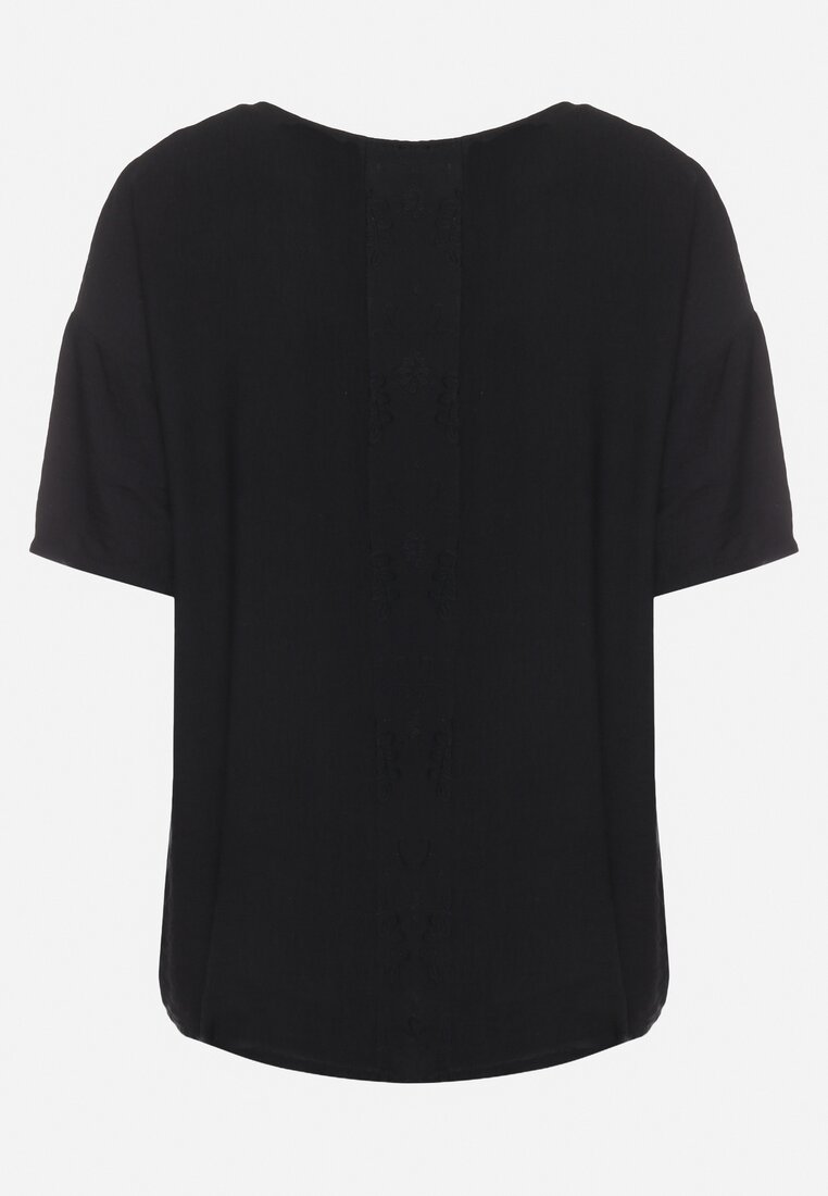 Czarny Wiskozowy T-shirt Koszulka z Krótkim Rękawem Podwijanym i Haftem na Plecach Mleoria