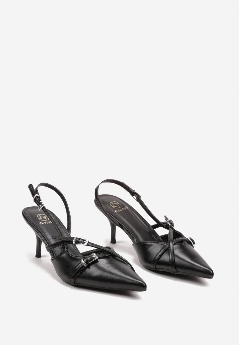 Czarne Sandały na Szpilce ze Sprzączką Ozdobione Klamerkami Dimna