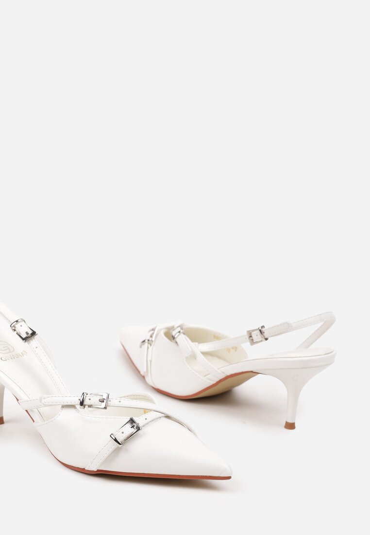 Białe Sandały na Szpilce ze Sprzączką Ozdobione Klamerkami Dimna