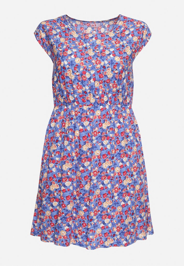 Niebiesko-Różowa Sukienka w Drobny Kwiatowy Print o Rozkloszowanym Kroju Polemia