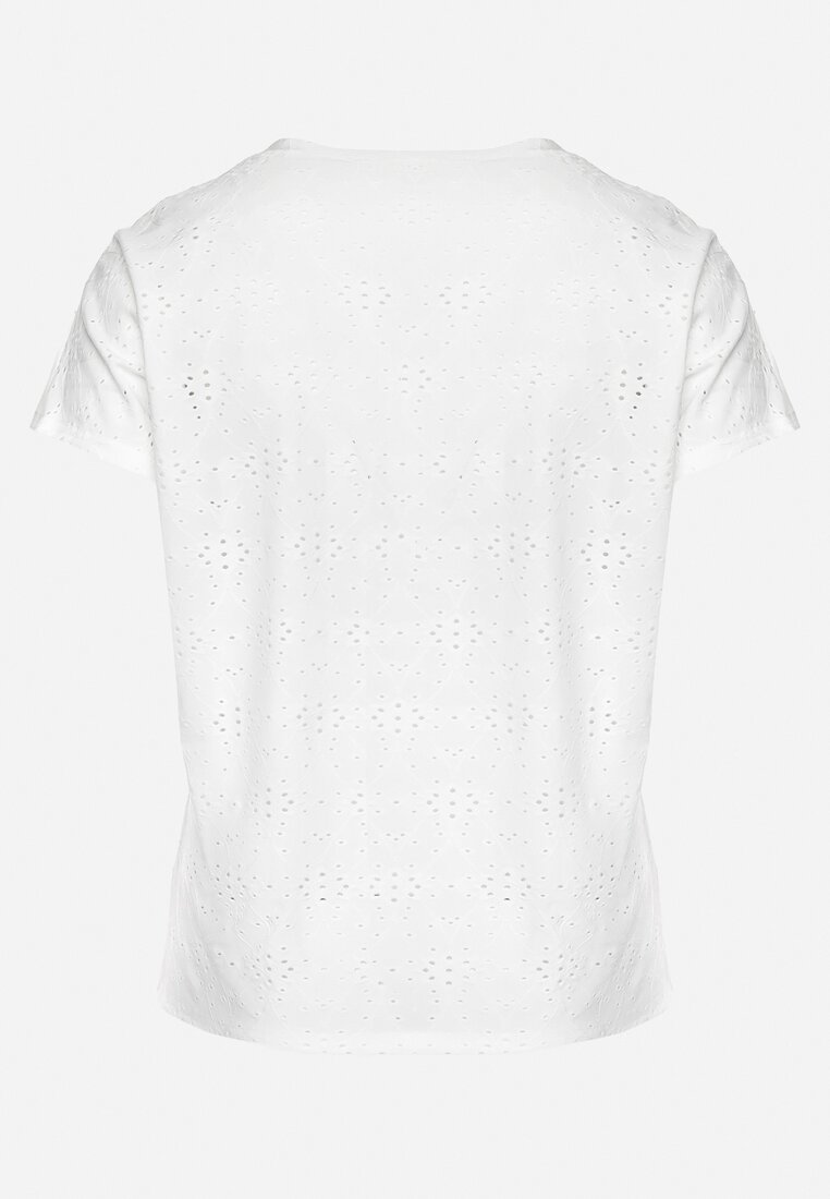 Biały T-shirt Koszulka z Krótkim Rękawem z Ażurowej Tkaniny Nispia