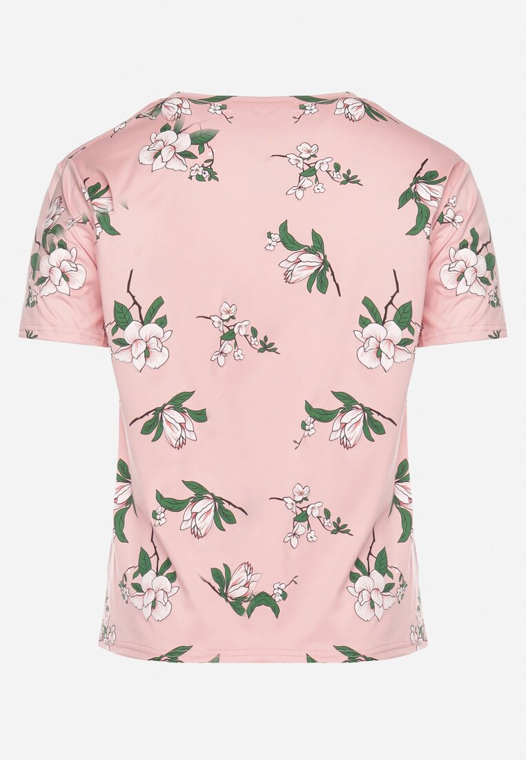 Różowy T-shirt Koszulka z Krótkim Rękawem w Kwiaty Henubia